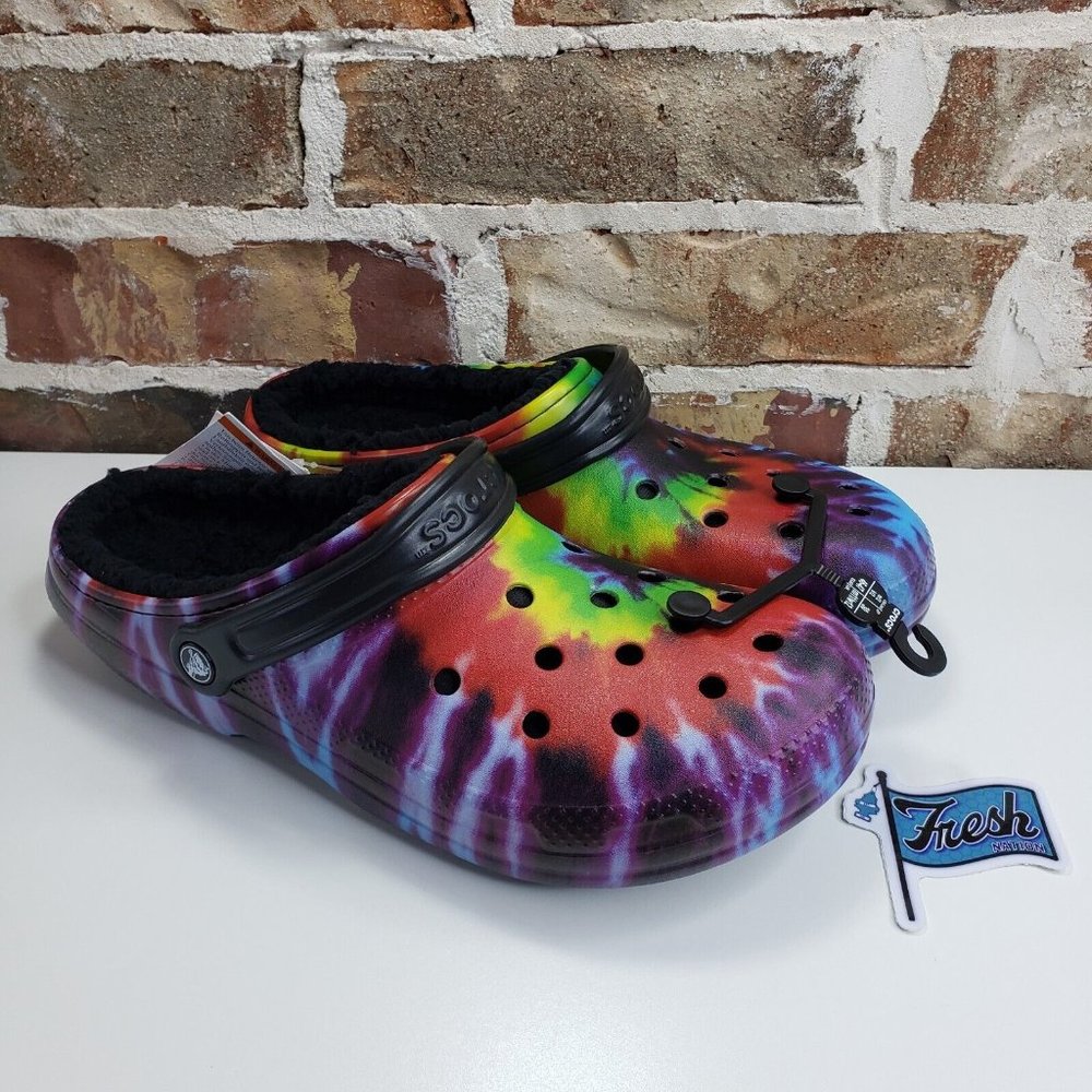 Crocs Unisex Classic Tie-Dye Lined Clog - Multi/Black NWT Mens Size 12 - Picture 1 of 9